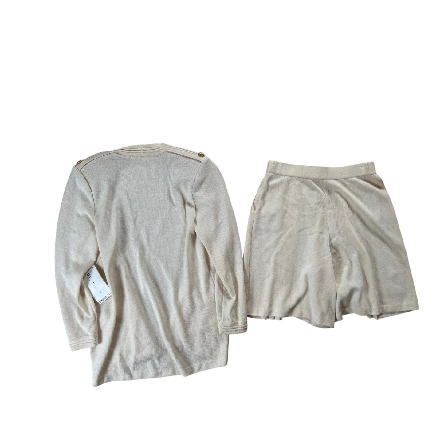 NWT St.John Women's Cardigan Skirt Set 10 Solid White Brass Buttons Santana Knit