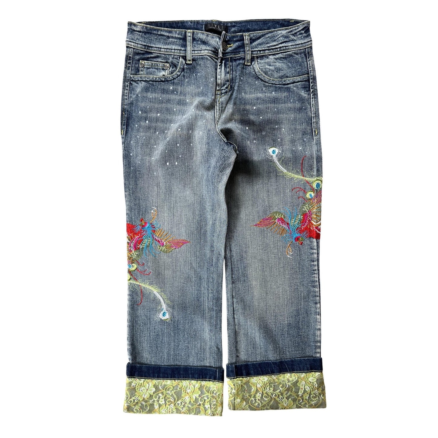 STVLE Pants Womens 6 Blue Cropped Denim Cotton Spandex Embroidered Lace Cuffed