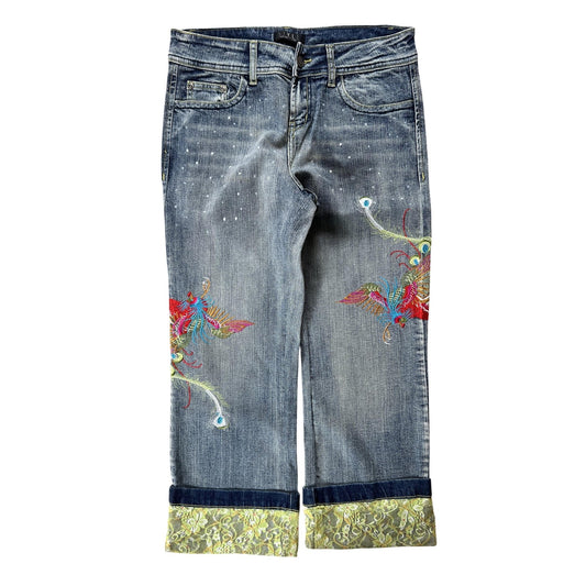 STVLE Pants Womens 6 Blue Cropped Denim Cotton Spandex Embroidered Lace Cuffed