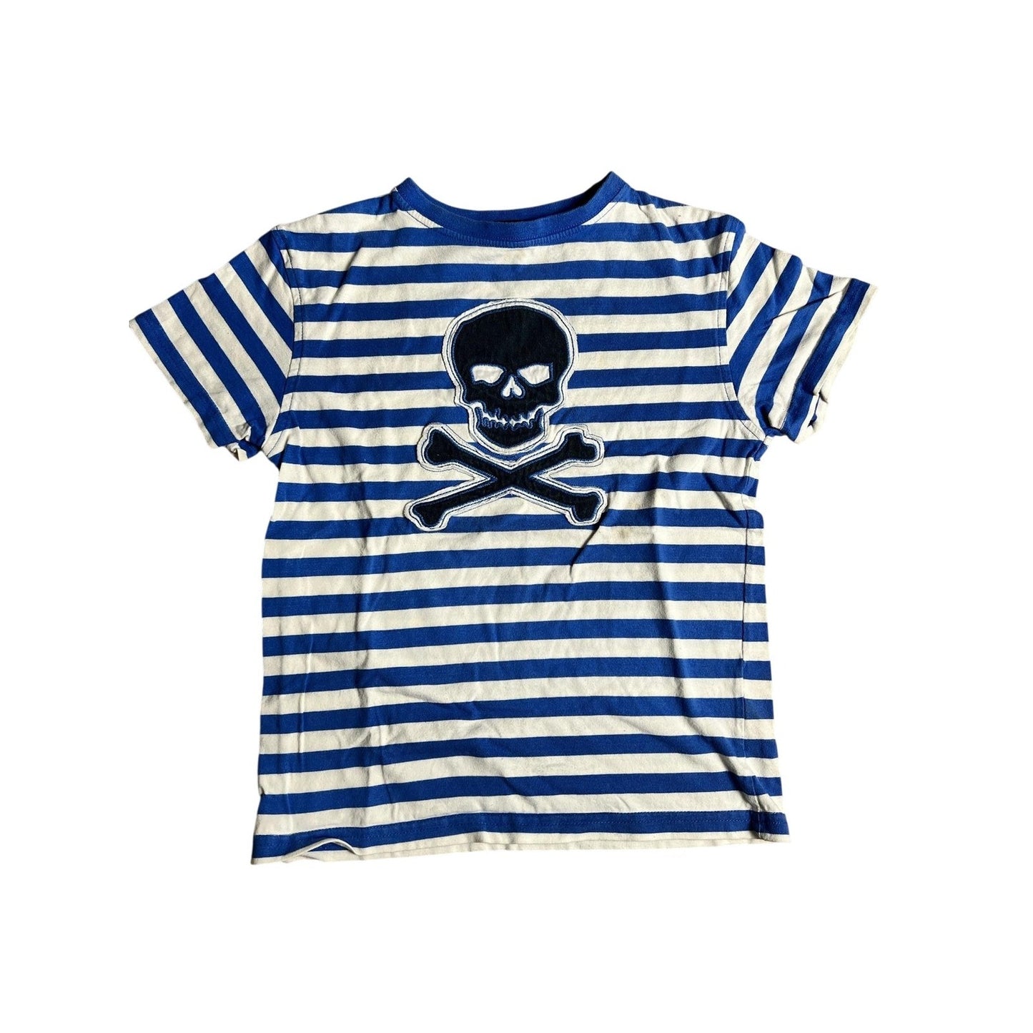 John Lewis Shirt Boys 8 Blue White Stripe Skull Crossbones Pirate T-Shirt Tee