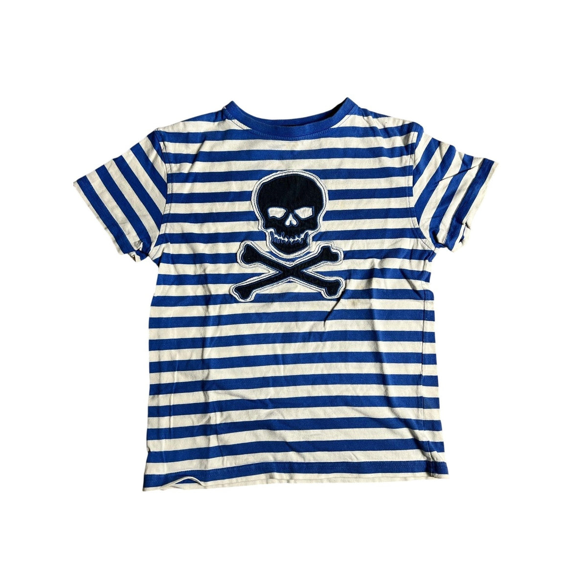 John Lewis Shirt Boys 8 Blue White Stripe Skull Crossbones Pirate T-Shirt Tee