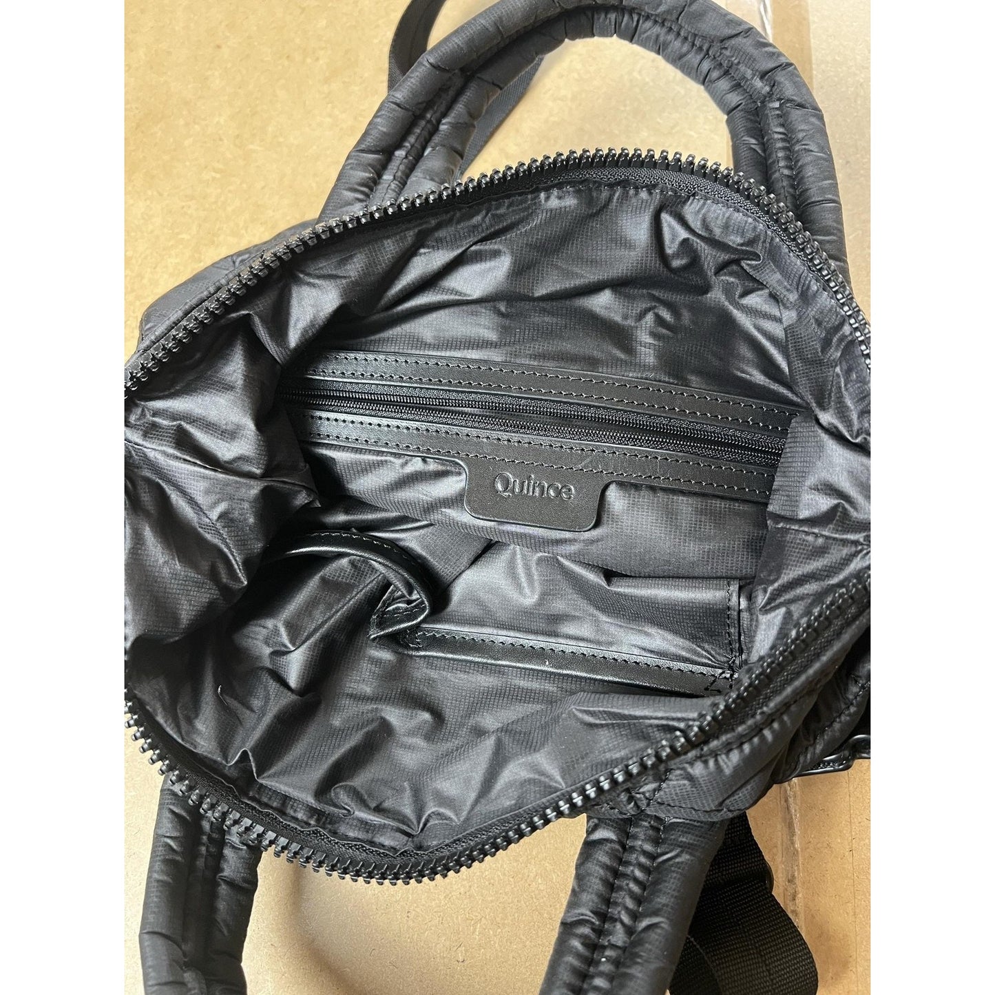 Quince Crossbody Bag Womens Small Black Quilted Nylon Zip Top Purse Handbag