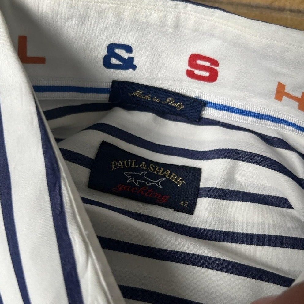 Paul & Shark Shirt Mens IT 42 White Navy Striped Long Sleeve Button Up Casual