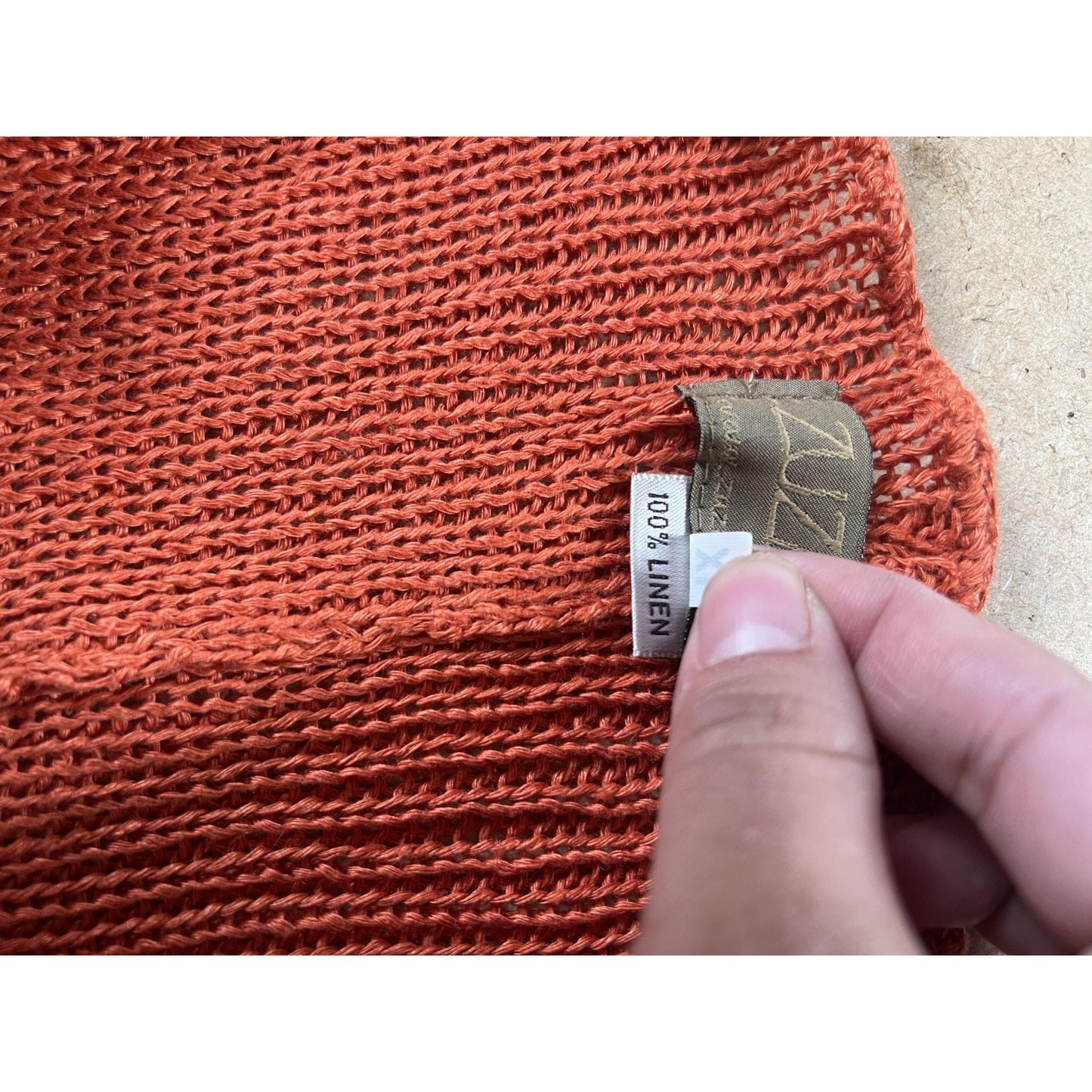 LUZA BART Cardigan Womens XL Orange Linen Open Knit Crochet Lightweight Relaxed