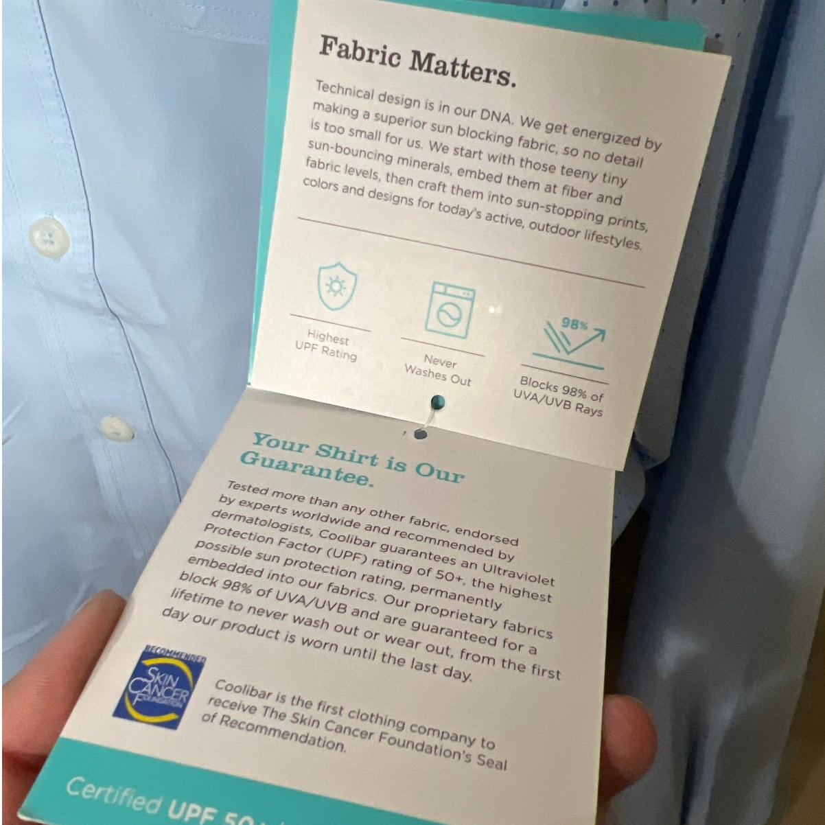 NWT Coolibar UPF 50+ Men Light Blue Long Sleeve Size L