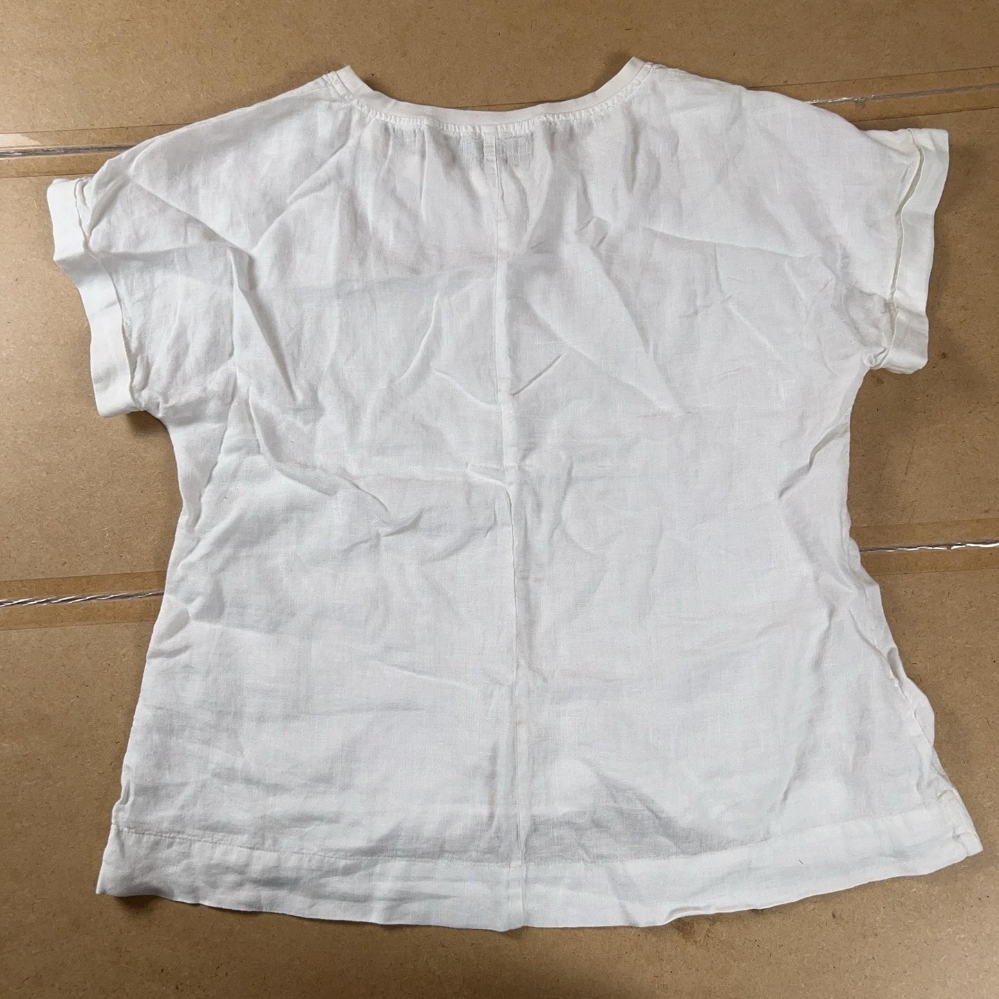 FLAX Tunic Womens L White Linen Cotton Spandex Round Neck Short Sleeve Pleated