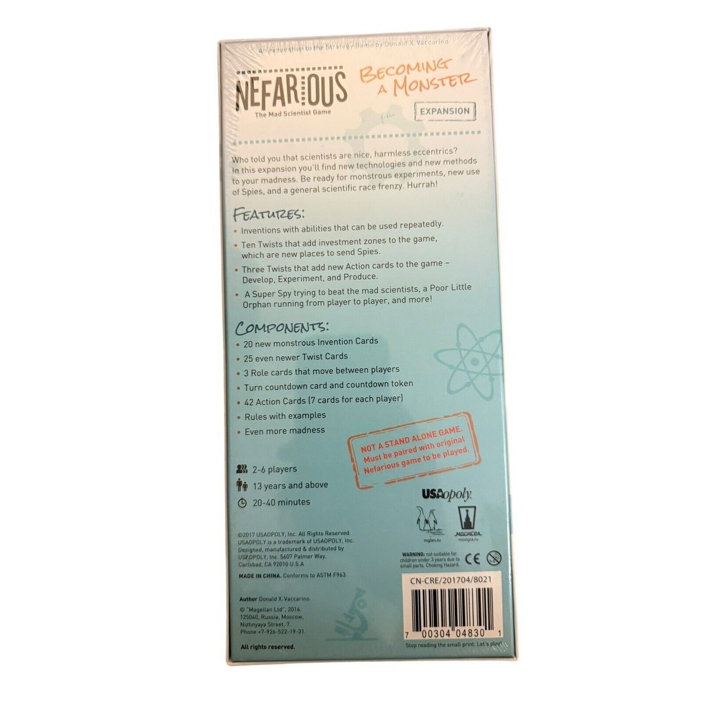 USAopoly Nefarious Mad Scientist Game Becoming a Monster Expansion Pack Sealed