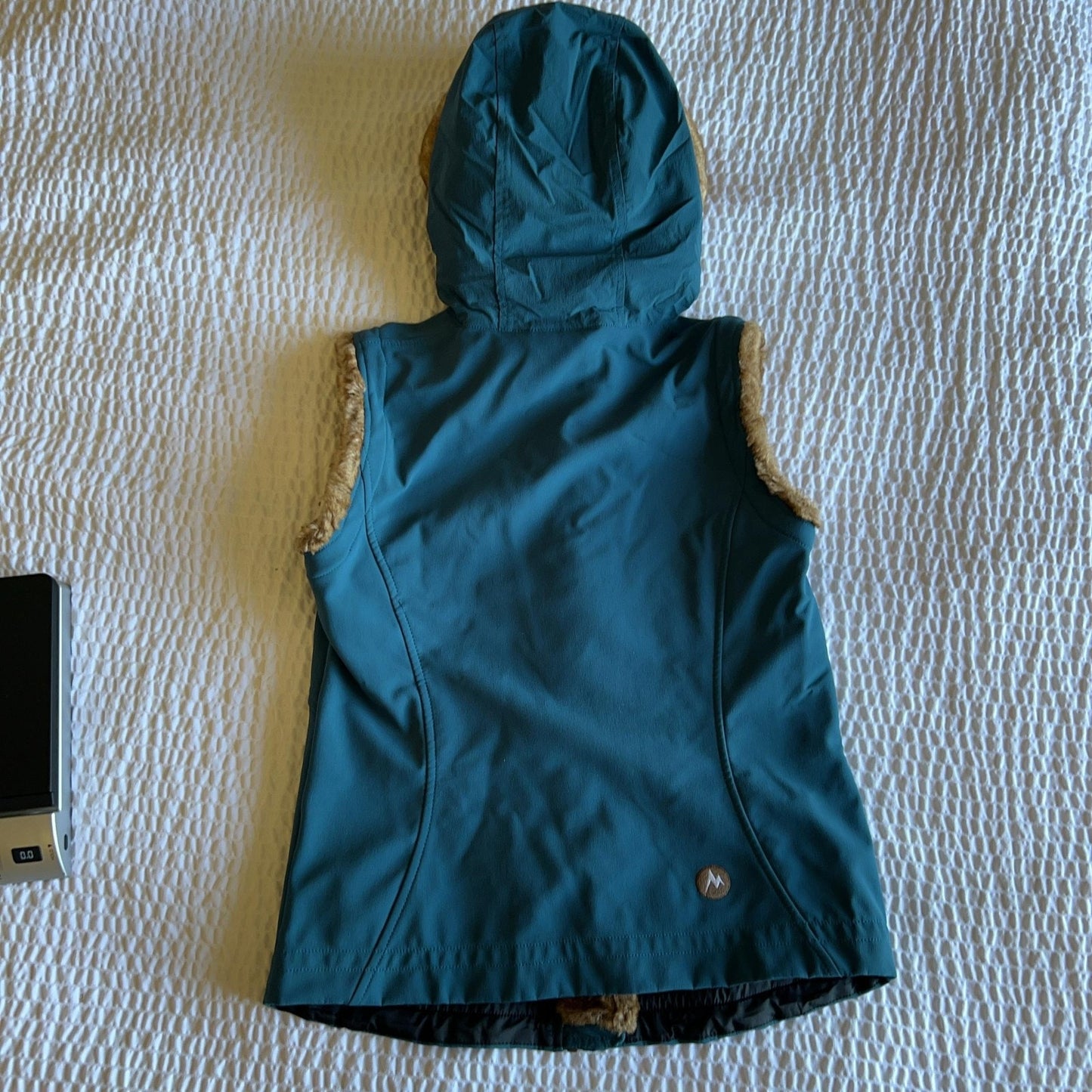 Marmot Vest Womens S Blue Hooded Lined Faux Fur Pockets Slim Winter Fleece