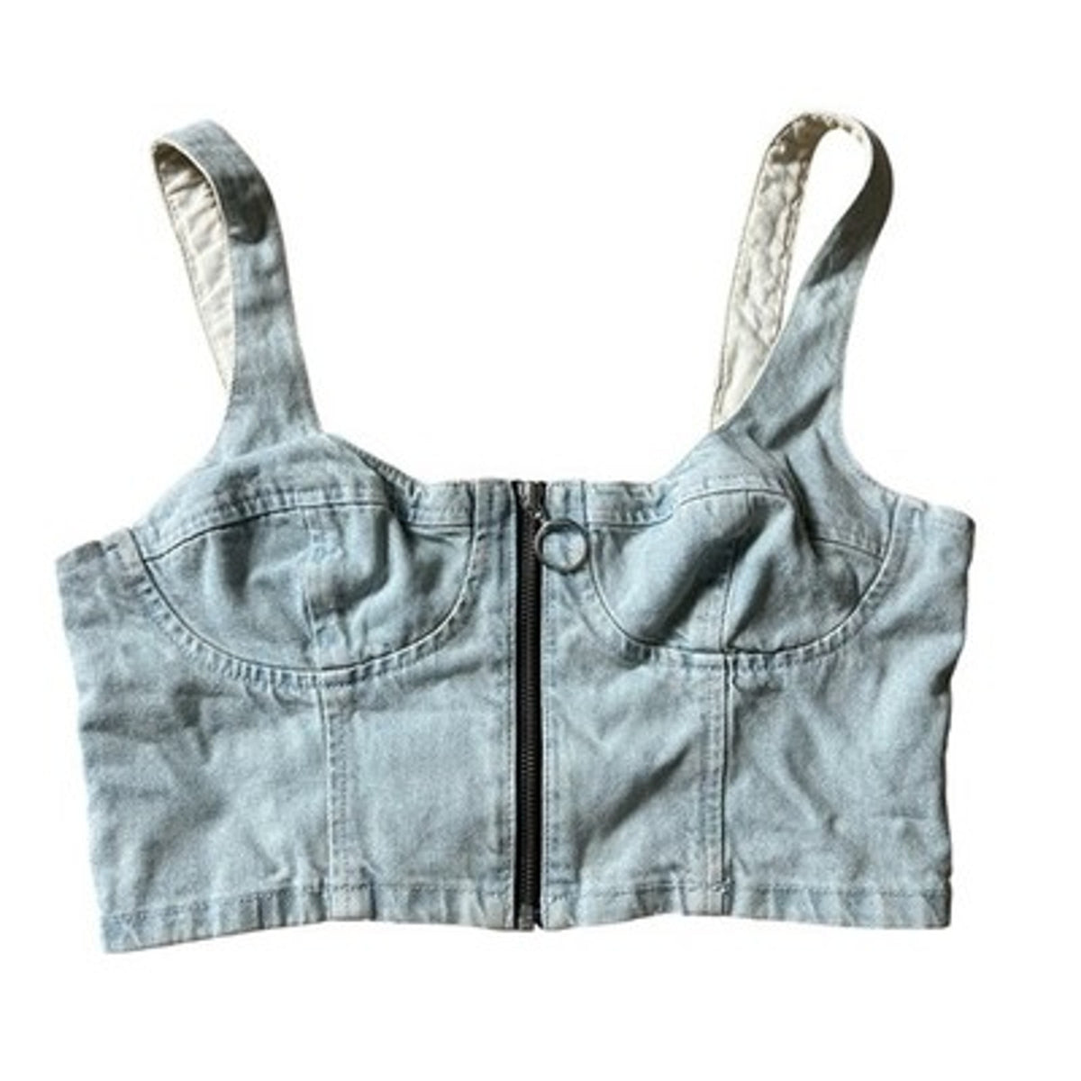 Topshop Tank Womens 8 Blue Denim Cropped Sweetheart Zip Front Bustier Moto