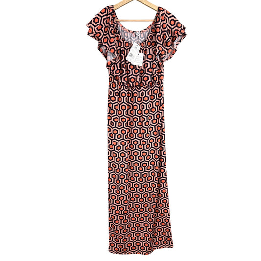Mary Square NWT Size Large Women Long Orange Dress super stretch geo print