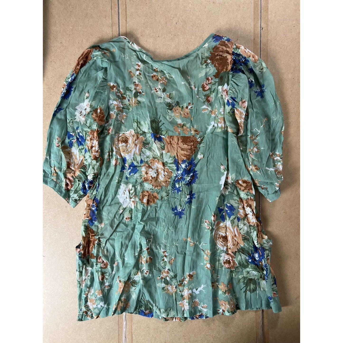 April Cornell Tunic Womens S Green Floral Rayon Scoop Neck Button Pockets