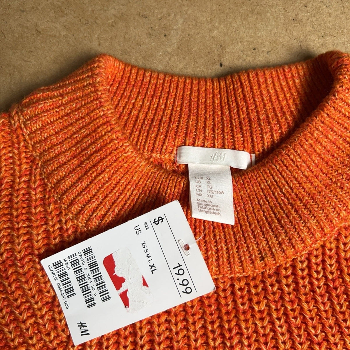 H&M Sweater Womens XL Orange Chunky-Knit Pullover Crew Neck Heavyweight