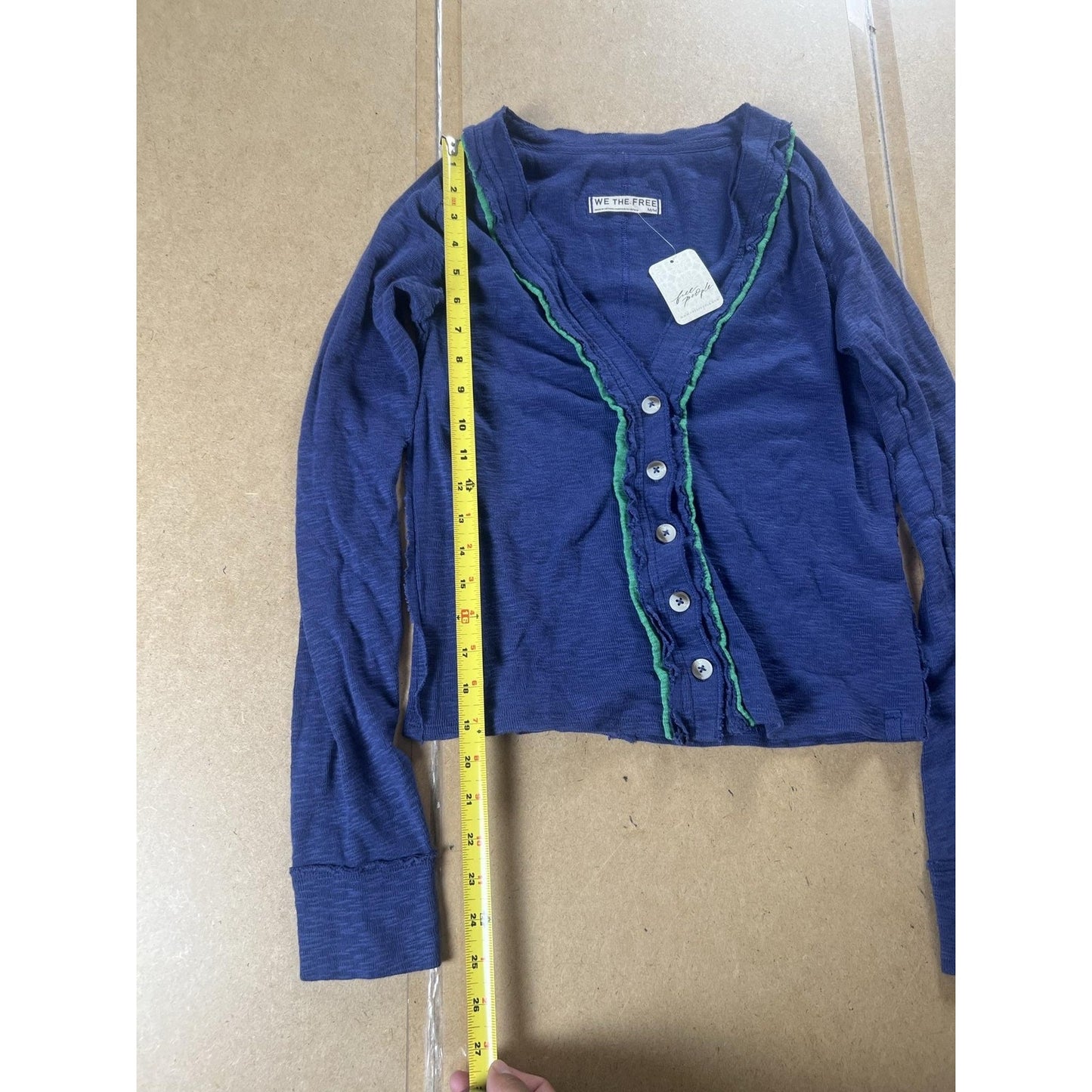 We The Free Button-Up Womens M Blue Cropped V-Neck Ruffle Lightweight Casual
