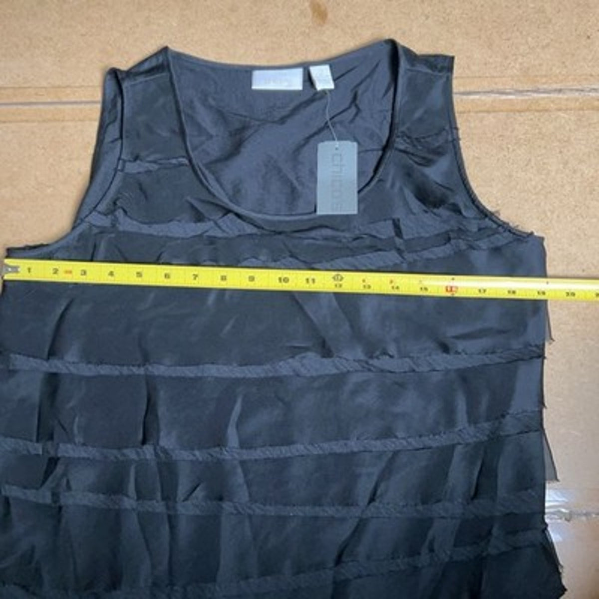 Chico's Tank Womens 2 Black Romanced Ruffle Roxie Woven Scoop Neck Sleeveless