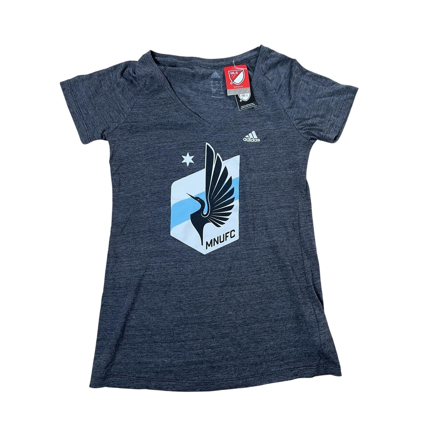 Adidas T-Shirt Womens L Gray V-Neck Raglan MNUFC MLS Soccer Official Licensed