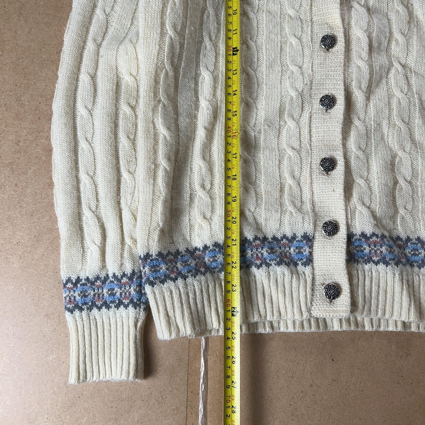 Winona Knits Cardigan Womens L White Cable-Knit Fair Isle Button USA Heavyweight