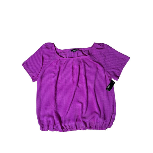 A.n.a Blouse Womens 1X Purple Scoop Neck Short Sleeve Pleated Elastic Waist