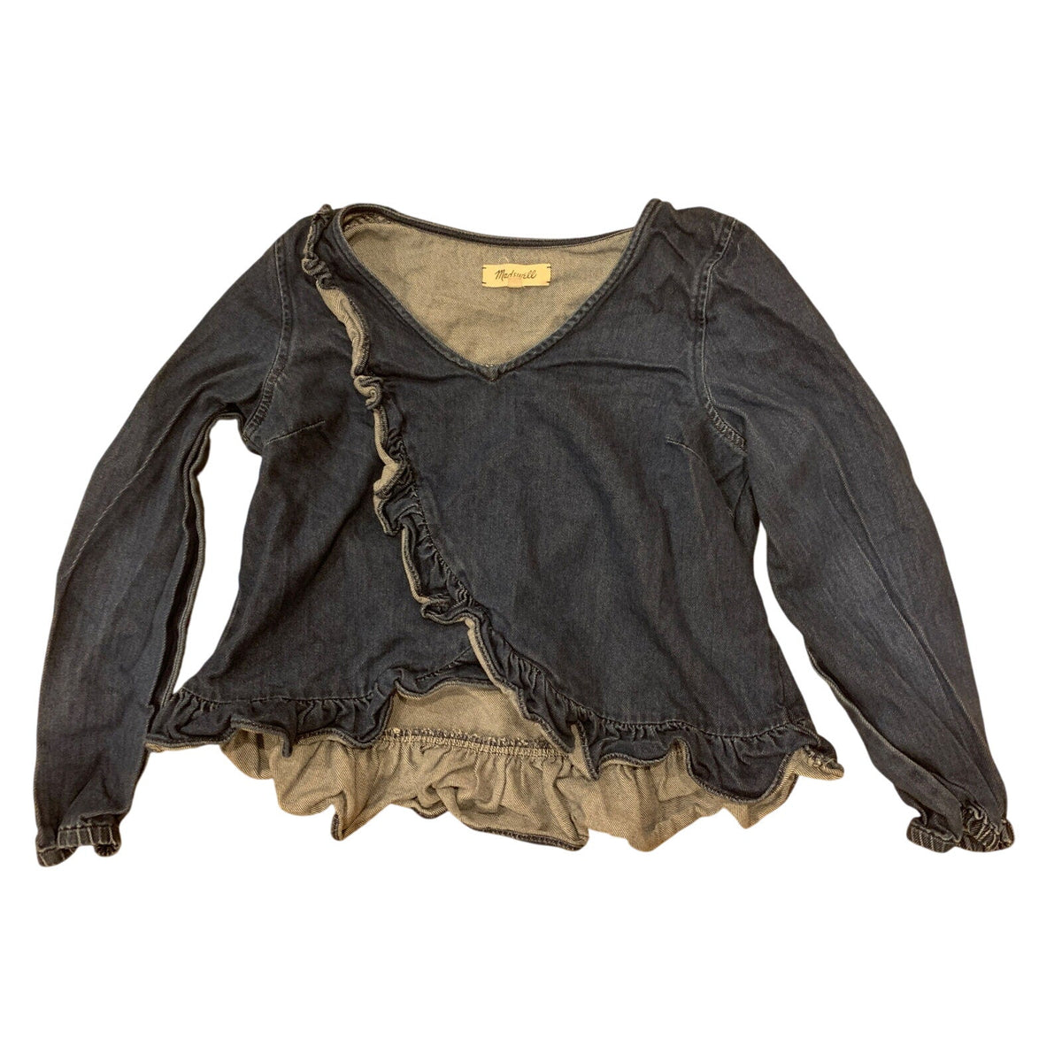 MADEWELL Denim Ruffle Top shirt clare wash $75 BLOGGER FAV SOLD OUT Size S - EUC