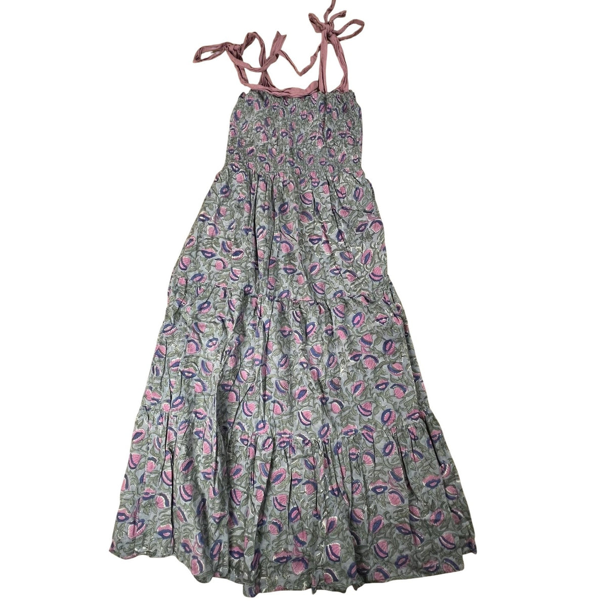 Growkrati Dress Womens L Gray Floral Maxi Square Strappy Ruffle Cotton Casual