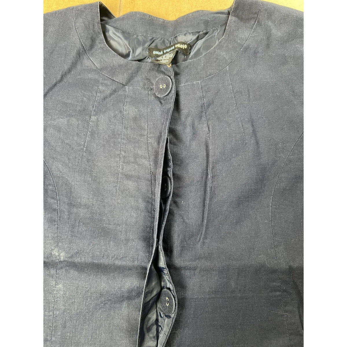 Saint Tropez West Jacket Womens M Blue Linen Collarless Embroidered Ruffle