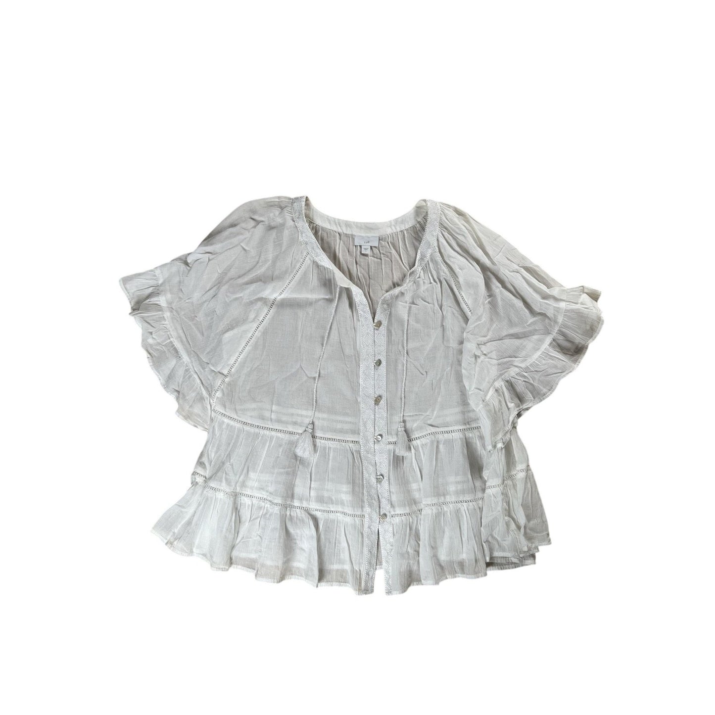 J. Jill Blouse Womens L White Kimono Flutter Sleeve Button Crochet Embroidered