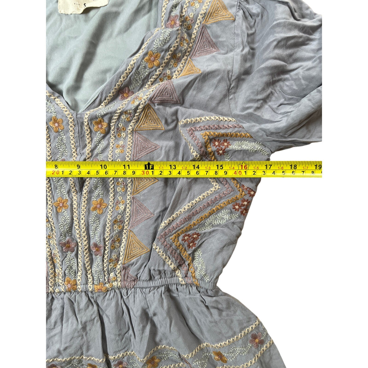 Savanna Jane Small Embroidered Gray V Neck Lined Long Sleeve Flare Dress