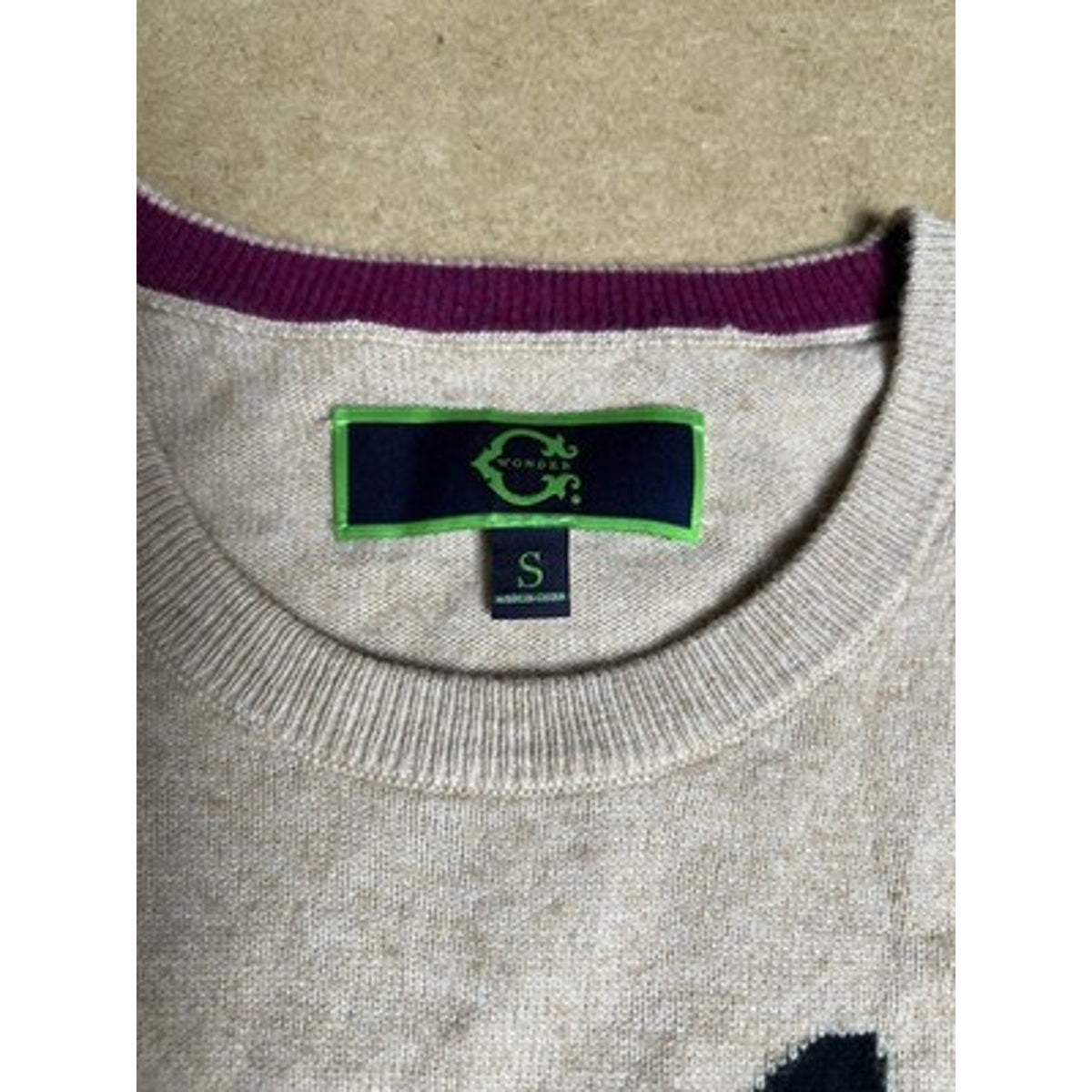 C. Wonder Sweater Womens S Beige Pullover Crew Neck Dog Graphic Bow Wool Blend