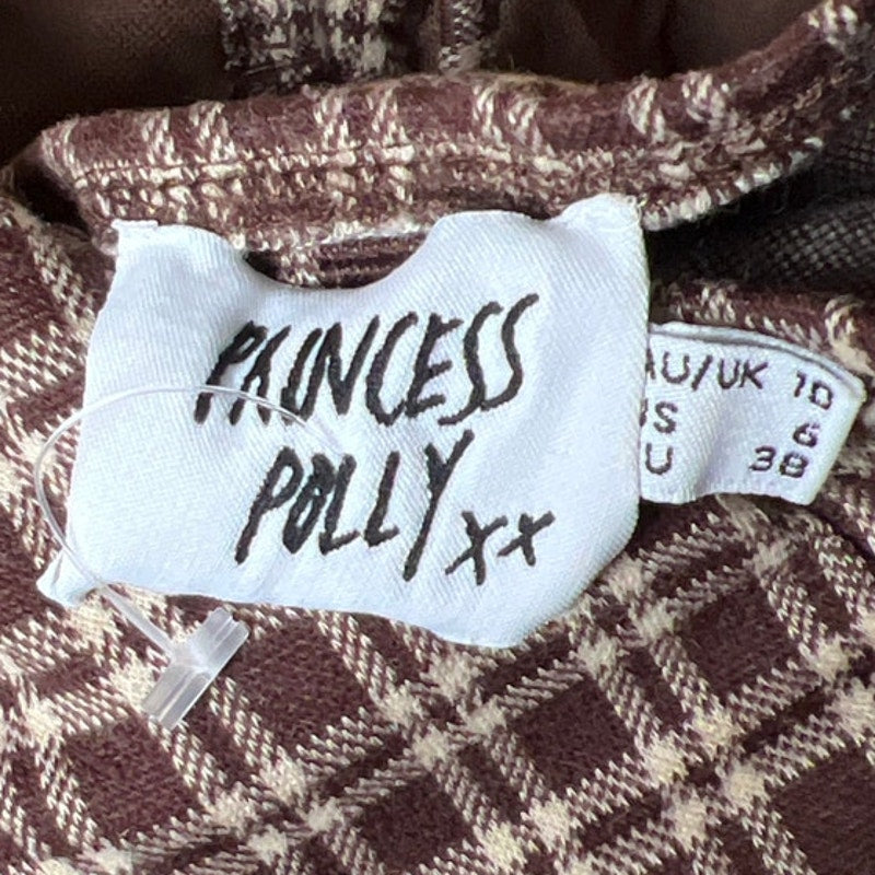 Princess Polly Size 6 Plaid Tie Top Brown