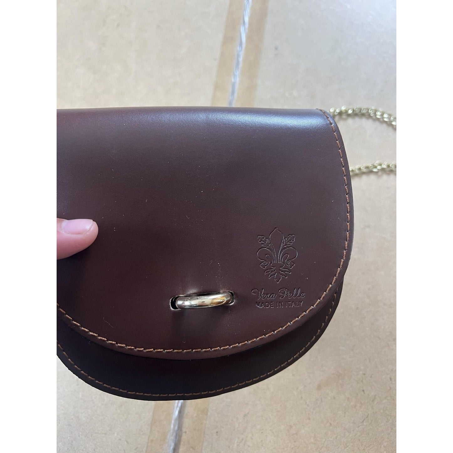 Vera Pelle Crossbody Bag Womens Small Brown Leather Blue Lined Gold Chain Strap