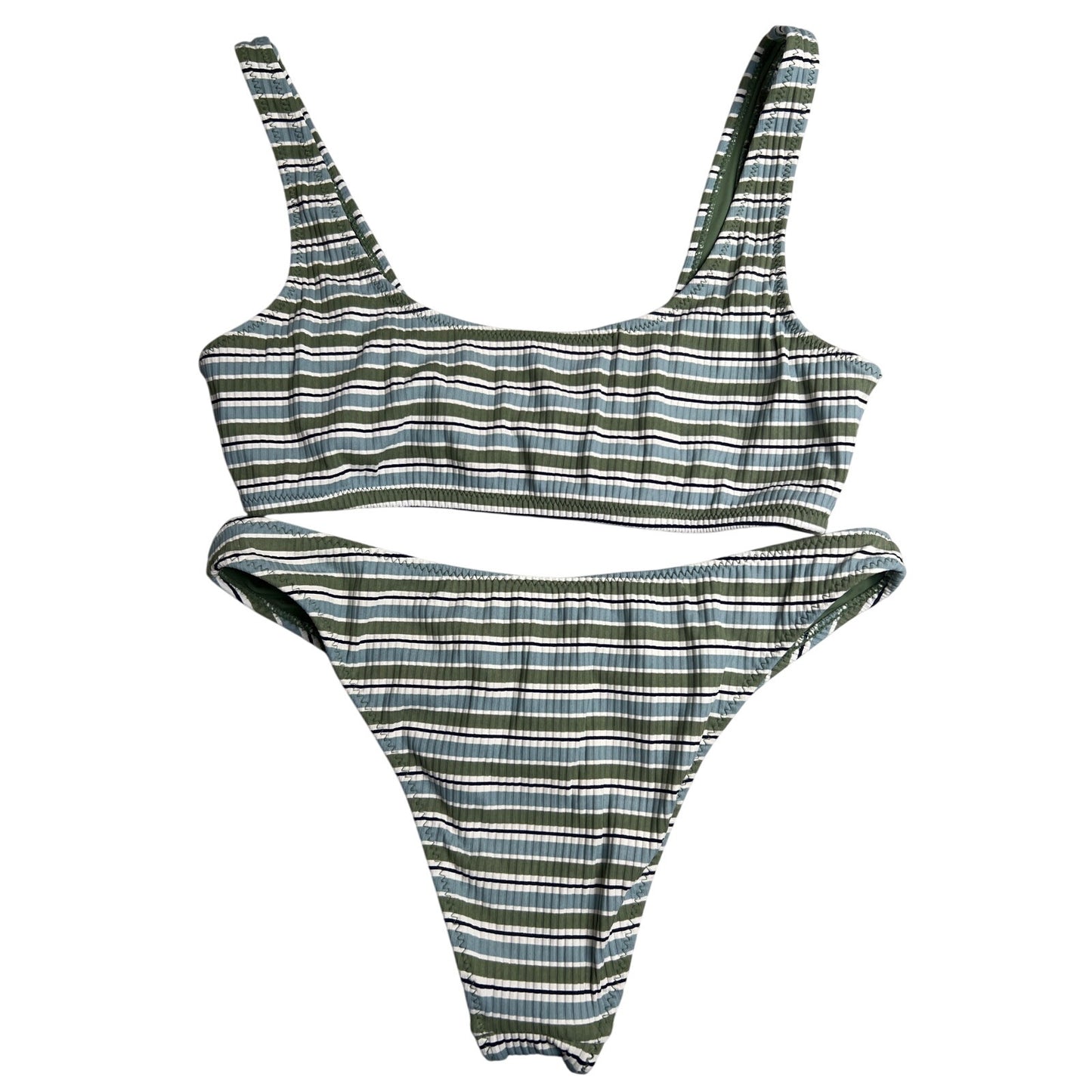 L.A. Hearts Two Piece Bikini Swimwear Set S Top and M Bottom Green Striped EUC