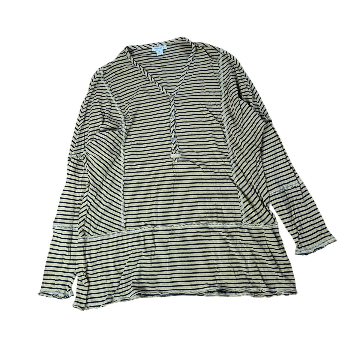 Sundance Striped Raw Edged Exposed Seam Henley Shirt Yellow and Black Size M