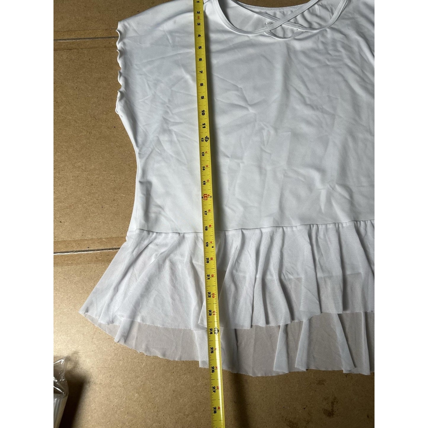 Womens M White Tunic Shirt Cap Sleeve Ruffle Hem Stretch Jersey Casual