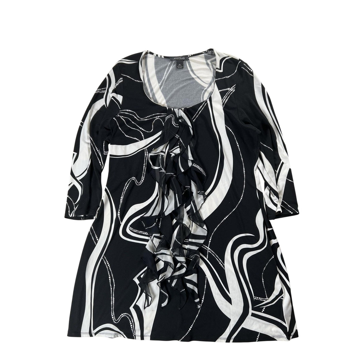 White House Black Market Tunic Womens XL Black Scoop Neck Ruffle Geometric