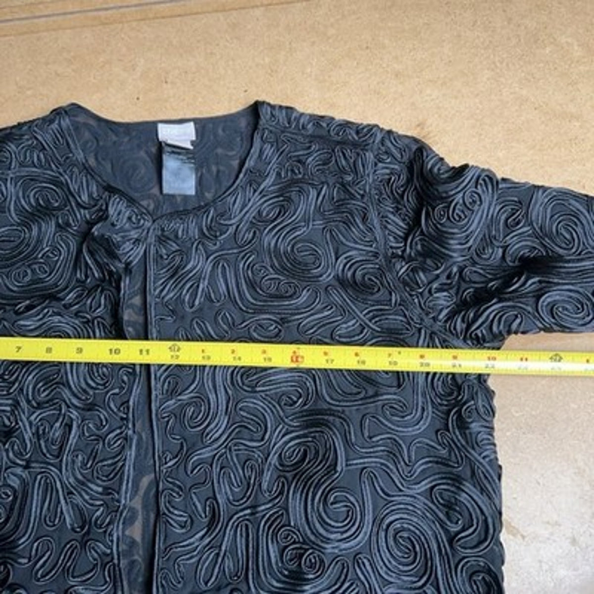 Chico's Cardigan Womens 2 Black Sheer Chiffon Embroidered Ruffle Open Formal