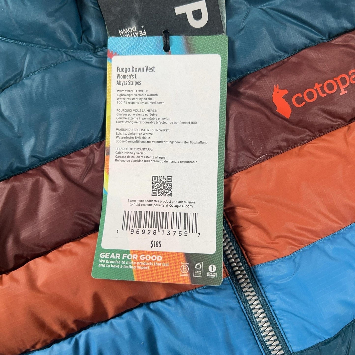 Cotopaxi Vest Womens L Blue Fuego Down Striped Packable Insulated Lightweight