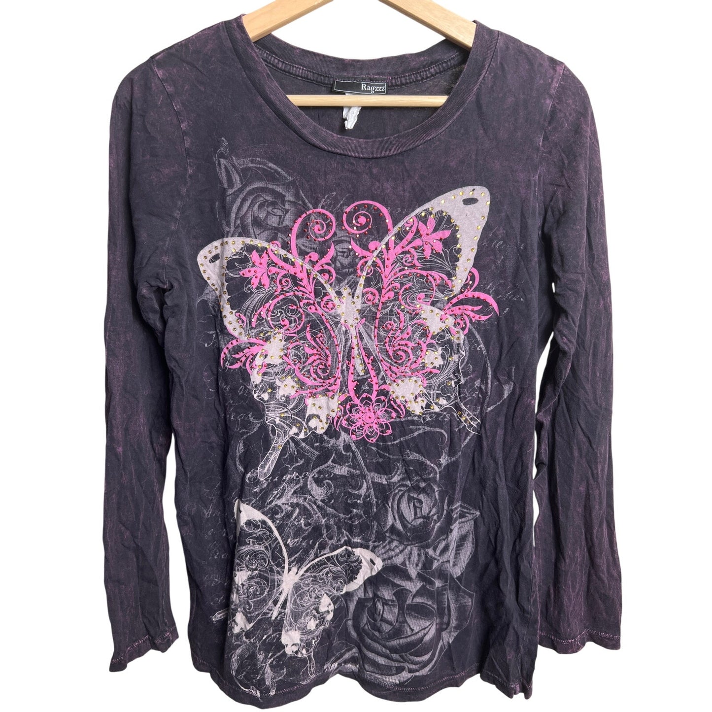 Ragzzz Women Butterfly Grunge Graphic Long Sleeve Purple