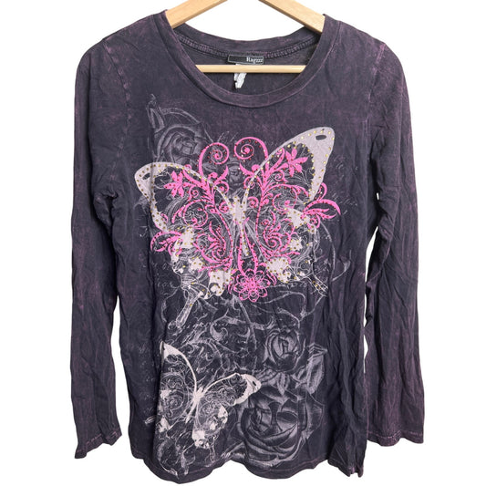 Ragzzz Women Butterfly Grunge Graphic Long Sleeve Purple