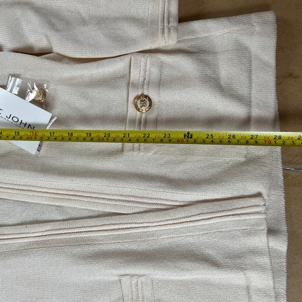 NWT St.John Women's Cardigan Skirt Set 10 Solid White Brass Buttons Santana Knit
