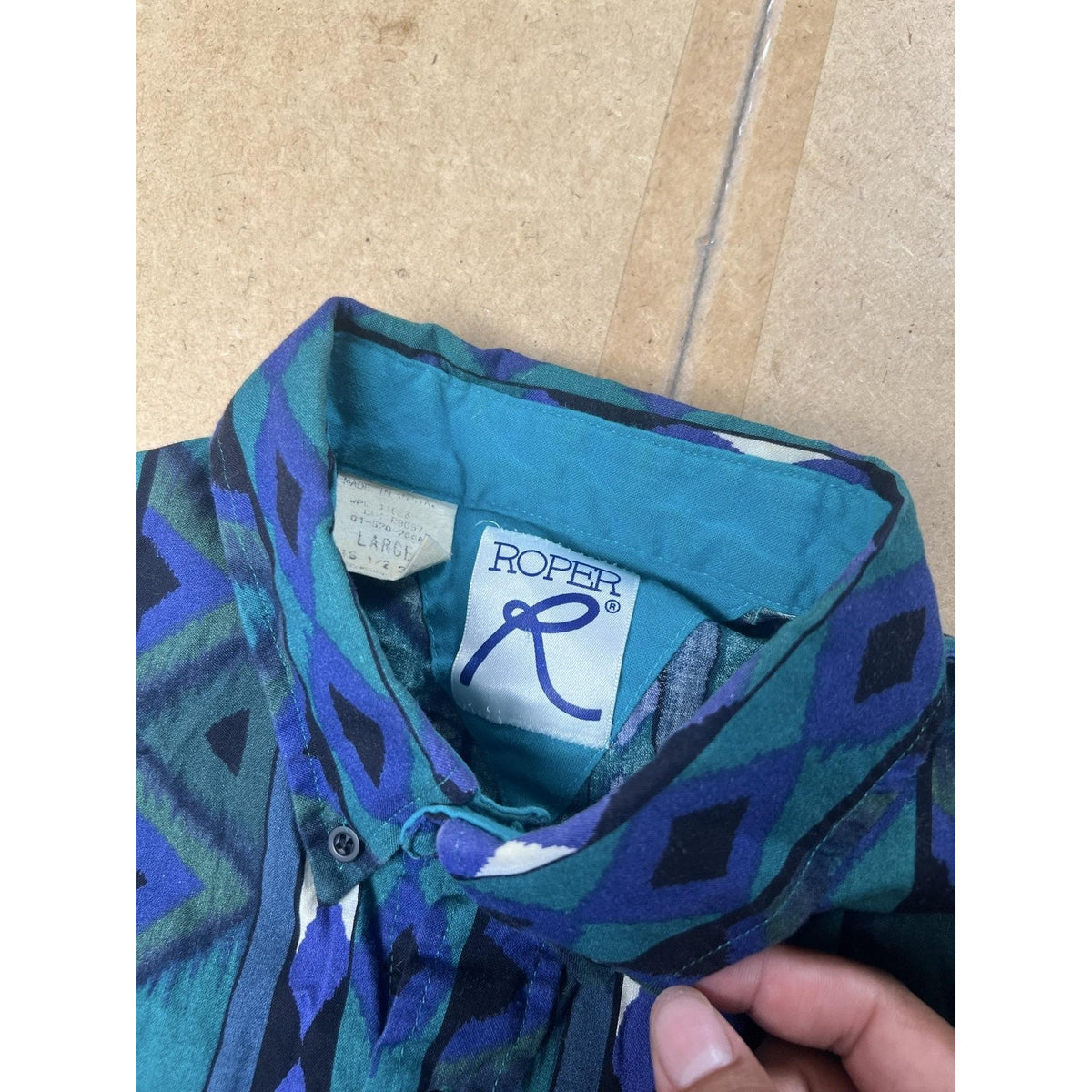 Roper Shirt Mens L Green Geometric Long Sleeve Button Up Lightweight Pocketed