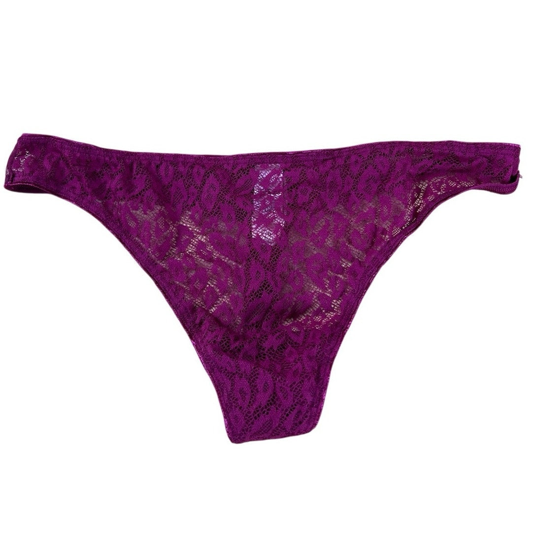 NWT Victoria's Secret Bottom Womens L/G Purple Thong Lace Sheer Lined Floral