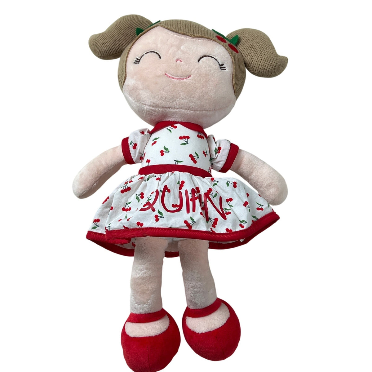 GLOVELEYA DOLL Girl Red &White Cherry Dress 4in Plush , Baby’s First Doll!