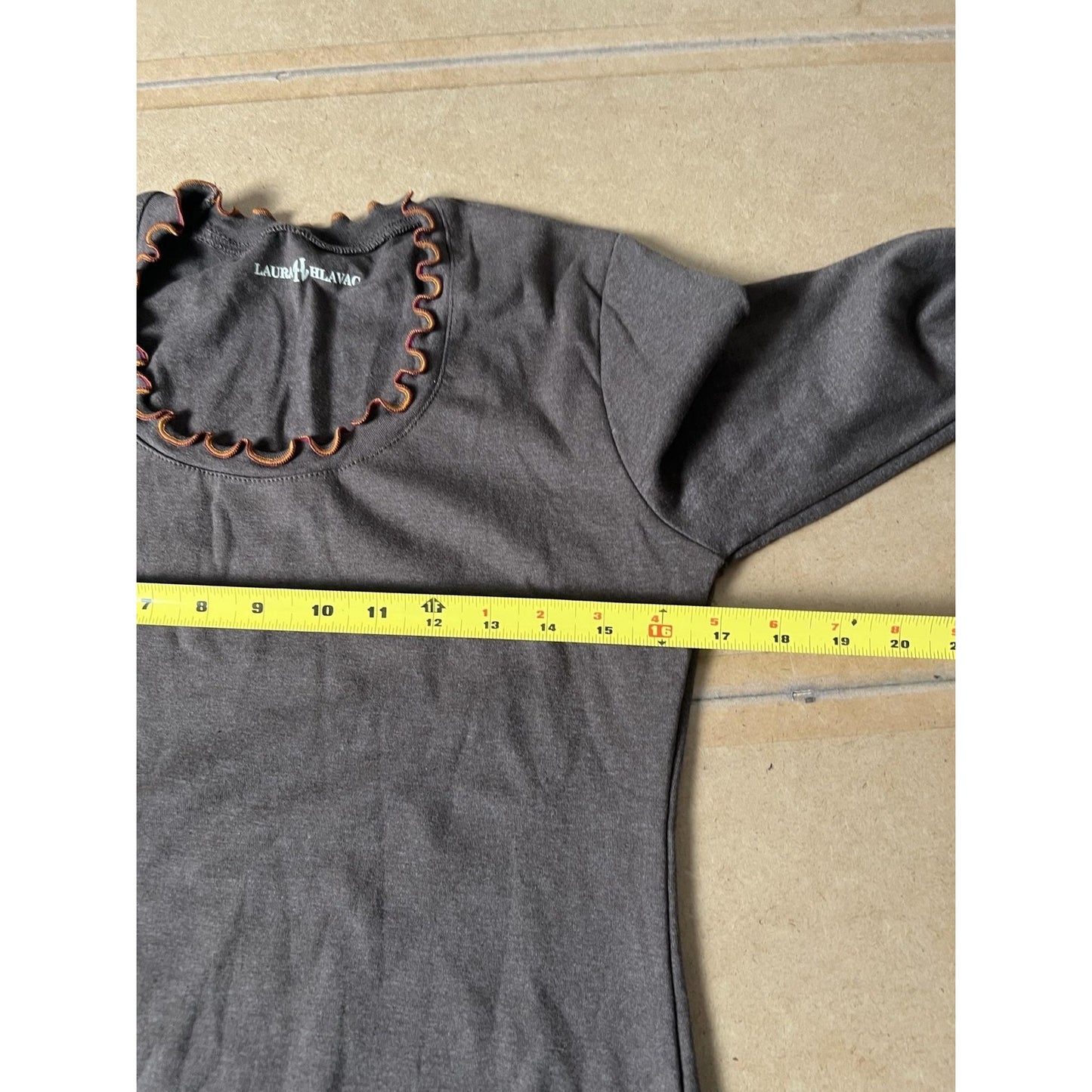 LAURA HLAVAC Dress Womens L Brown Trapeze & Swing Bell Sleeve Scoop Neck Ruffle