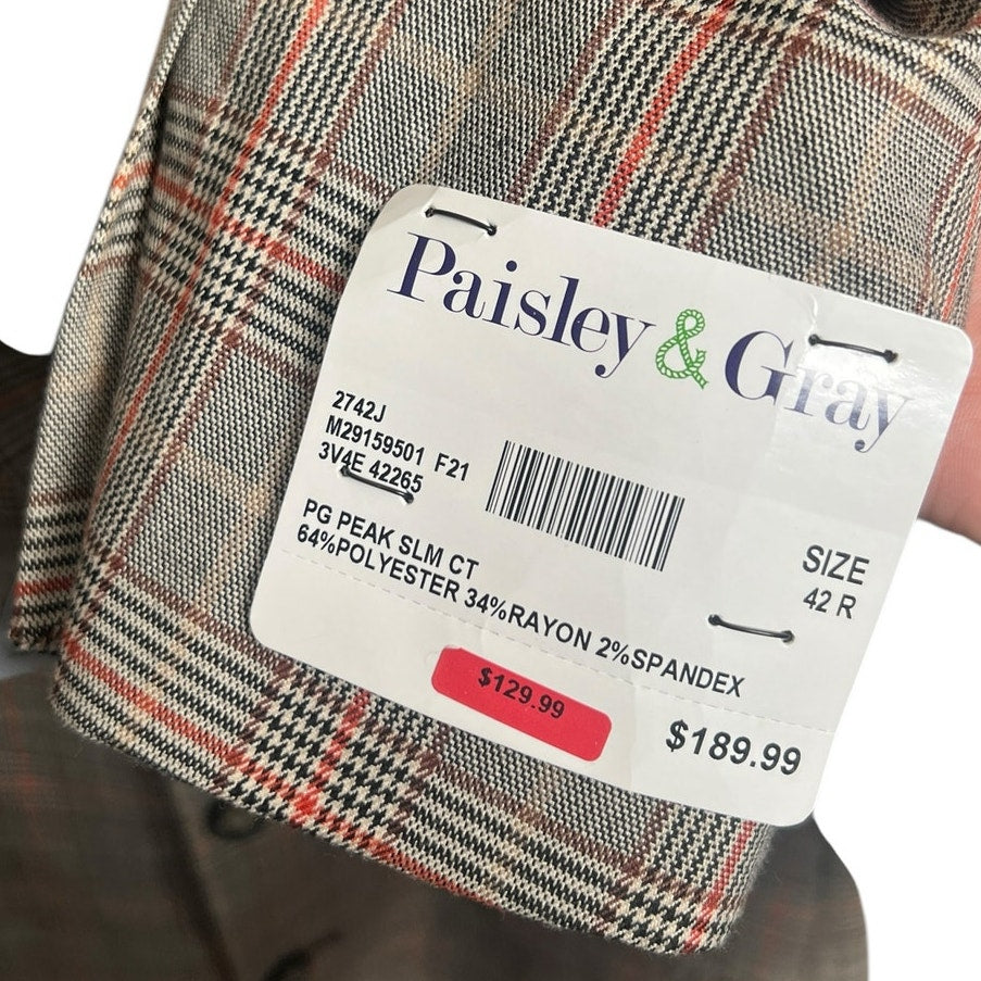 Paisley & Grey Peak Plaid Gray Striped Slim Blazer Size 42R NWT
