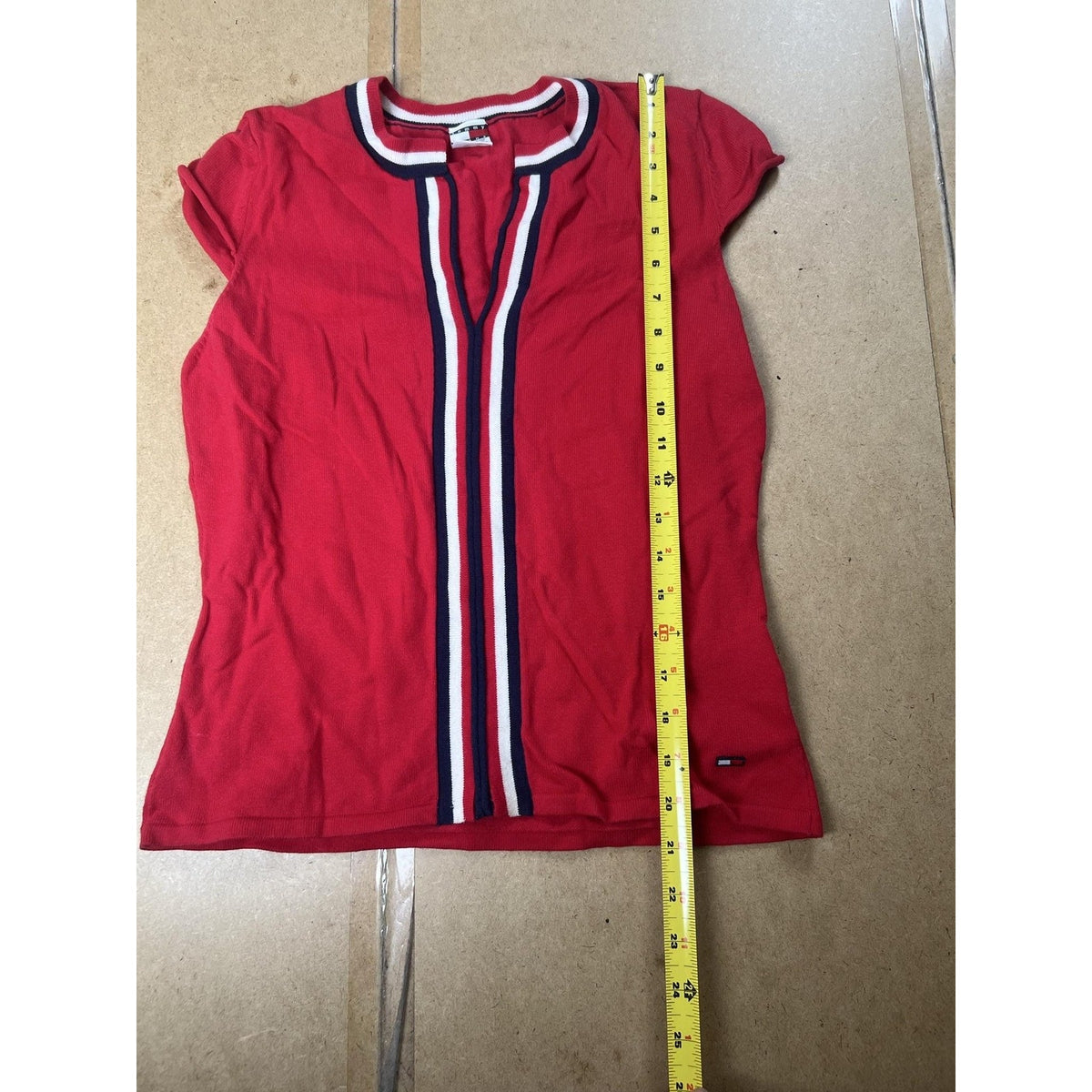 Tommy Jeans T-Shirt Womens XL Red Ringer Cap Sleeve Striped Slim Casual