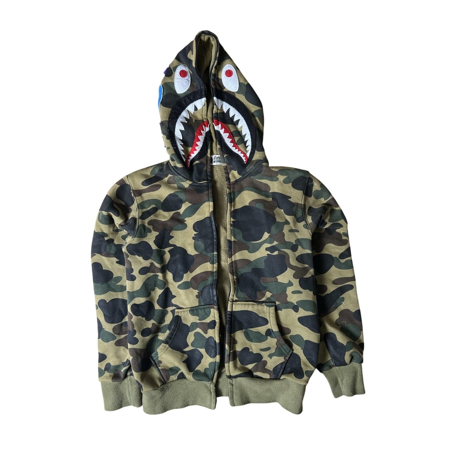 A Bathing Ape Sweater Mens M Green Camo Full Zip Hooded Shark Face Embroidered