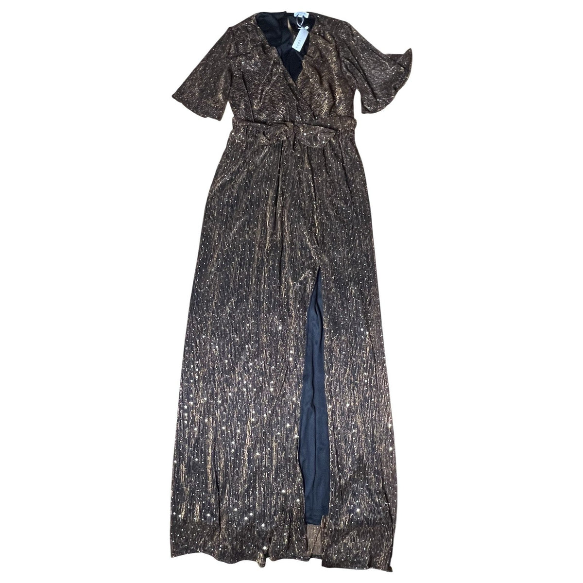 NWT BALTICBORN Dress Womens XL Gold Sparkle Maxi V-Neck Pleated Sequin Party