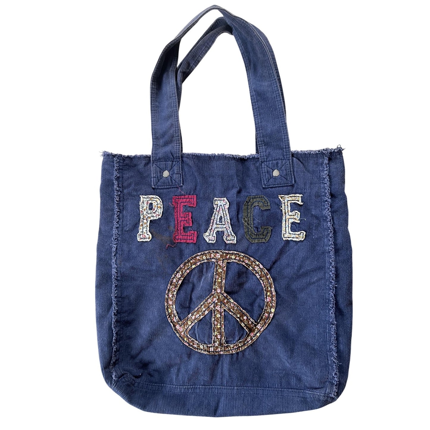 Tote Bag Womens Large Blue Corduroy Peace Sign Floral Applique Hippie Boho