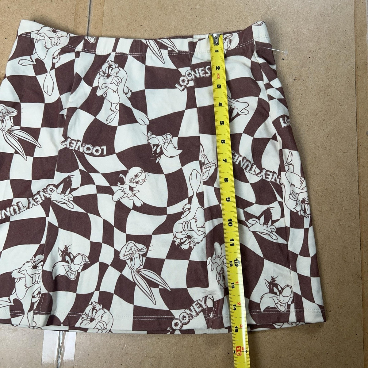 Looney Tunes Skirt Womens S Brown Check Straight Pencil Jersey Stretch
