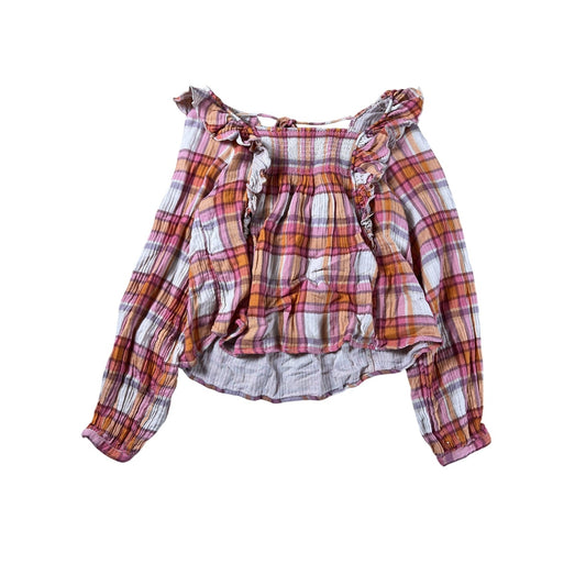 We The Free Blouse Womens M Pink Cropped Plaid Square Neck Ruffle Cotton
