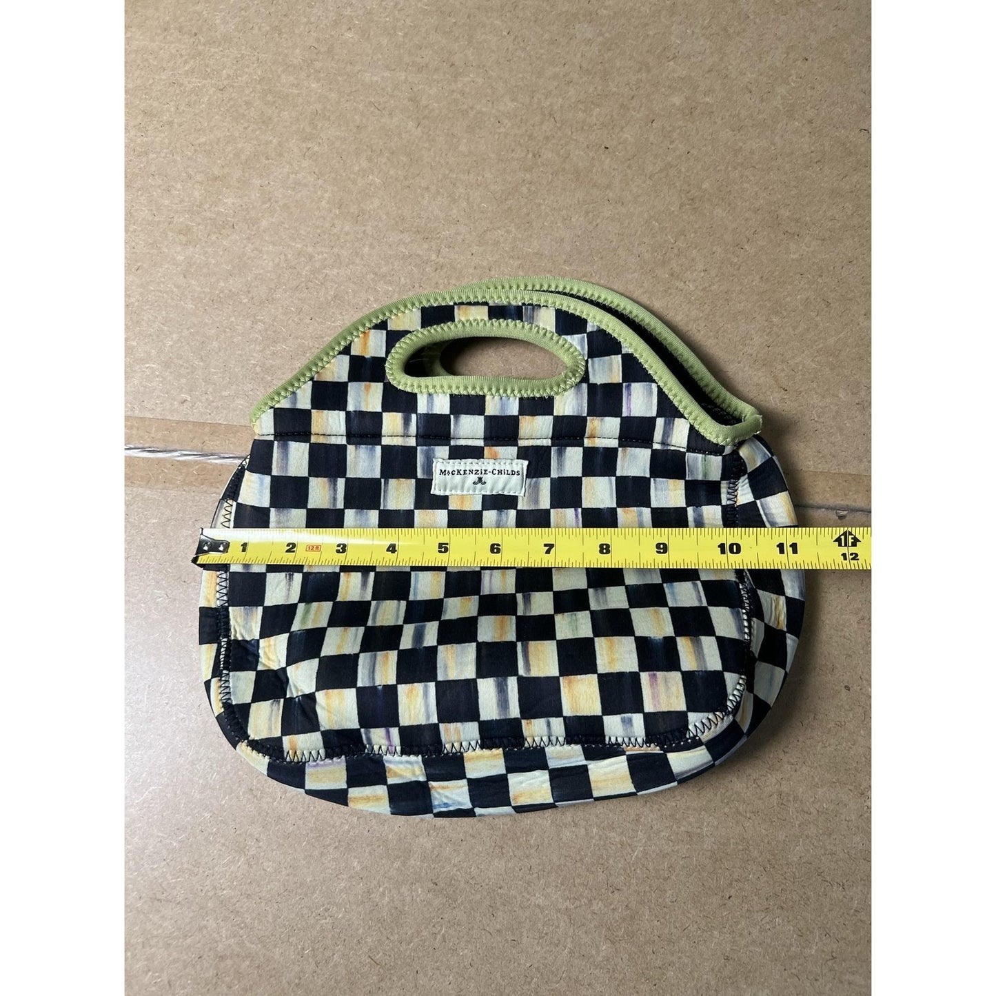MacKenzie-Childs Top Handle Bag Womens Small Black Neoprene Checkerboard Green